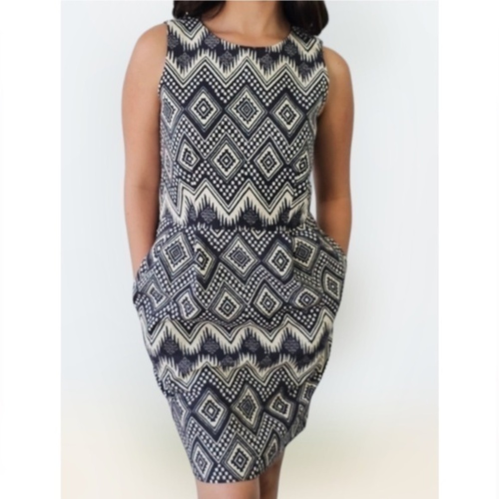 J Crew Black & Cream IKAT Print Sleeveless Sheath Office Dress 10